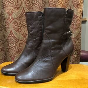 Brown Leather Zipper Boots 3.75" Stacked Block Heel Size 10M